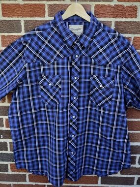 Wrangler Men's 2XL Blue Plaid Pearl Snap Short Sleeve Western Shirt Cowboy XXL